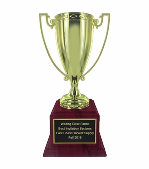 20 INCH HEIGHT BRIGHT GOLD METAL CUP TROPHY ON ROSEWOOD PIANO FINISH BASE