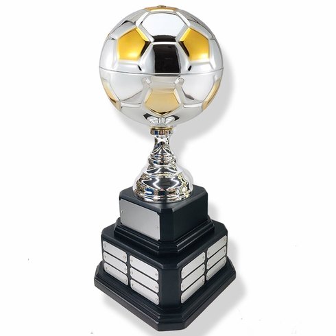 20 INCH SILVER AND GOLD METAL SOCCER PERPETUAL TROPHY 