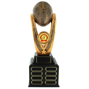 20 INCH PERPETUAL FANTASY FOOTBALL TROPHY ANTIQUE GOLD FINISH RESIN DOUBLE BLACK BASE