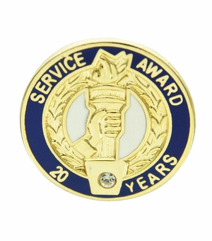 3/4 Inch in Diameter 20 Year Service Award Pin with Crystal