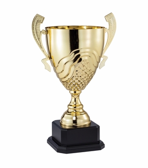 21-1/2 INCH GOLD METAL SWIRL AND GRID CUP ON BLACK WOOD BASE