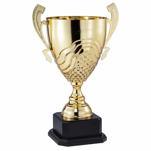 21-1/2 INCH GOLD METAL SWIRL AND GRID CUP ON BLACK WOOD BASE