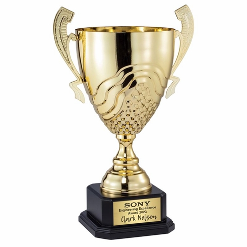 21-1/2 INCH GOLD METAL SWIRL AND GRID CUP ON BLACK WOOD BASE