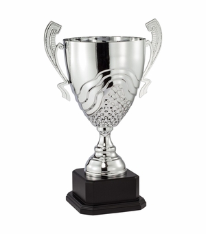 21-1/2 INCH SILVER METAL SWIRL AND GRID CUP ON BLACK WOOD BASE