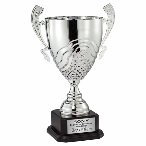 21-1/2 INCH SILVER METAL SWIRL AND GRID CUP ON BLACK WOOD BASE