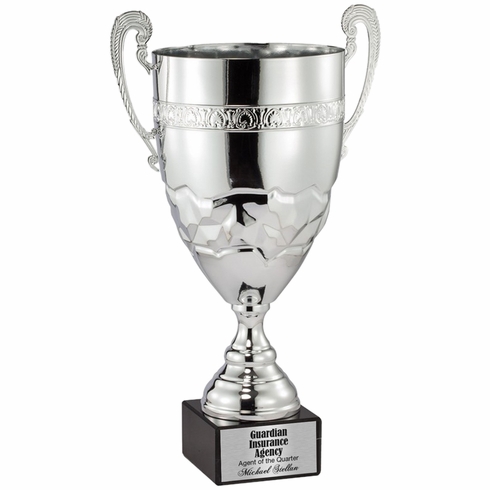 21-1/4 INCH ITALIAN SILVER DECORATIVE EMBOSSED TROPHY CUP ON GENUINE MARBLEBASE