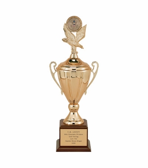 21 INCH SAVOIA SERIES TROPHY WITH 11 INCH METAL GOLD/SILVER CUP TAKES RISER AND INSERT