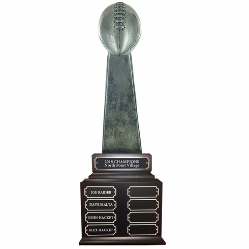22-1/2 INCH ANTIQUE SILVER PERPETUAL FANTASY FOOTBALL TROPHY WITH 16 NAME PLATES