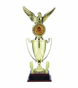 22-3/4 INCH EAGLE FIGURE TROPHY WITH 13 INCH GOLD CUP, FIGURE, AND TRIMS-EAGLE HOLDS 2 INCH INSERT