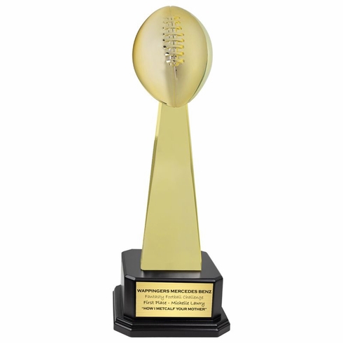 22 INCH BRIGHT GOLD FANTASY FOOTBALL TROPHY ON A BLACK WOOD BASE