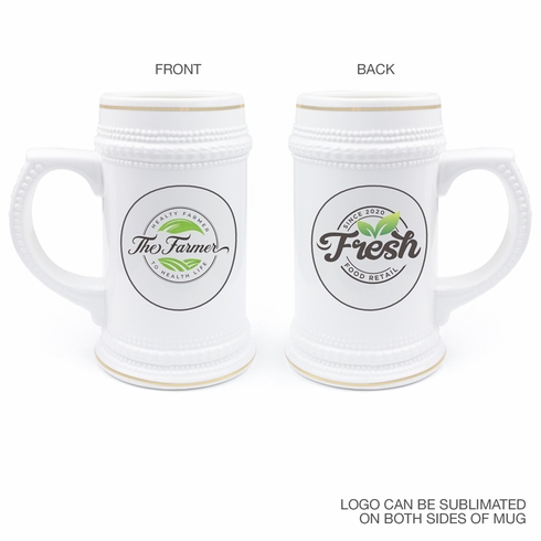 22 Ounce White Ceramic Beer Mug-Personalized Logo or Text Sublimation Available