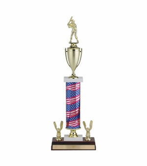 23, 24, 25 INCH ONE COLUMN STARS AND STRIPES TROPHY WITH CUP, EAGLE TRIMS AND TAKES FIGURE