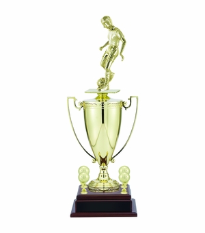 23-3/4 INCH FEMALE SOCCER PLAYER TROPHY WITH 13 INCH GOLD CUP, FIGURE, AND TRIMS