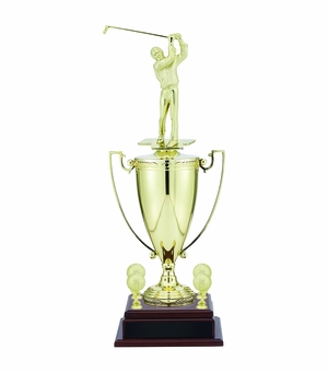 23-3/4 INCH MALE GOLFER TROPHY WITH 13 INCH GOLD CUP, FIGURE, AND TRIMS