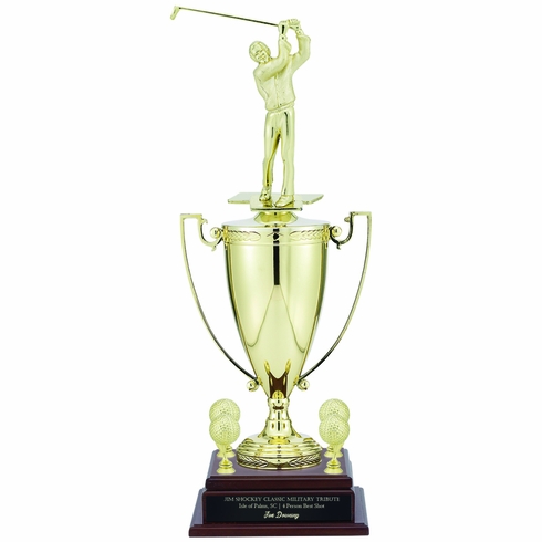 23-3/4 INCH MALE GOLFER TROPHY WITH 13 INCH GOLD CUP, FIGURE, AND TRIMS