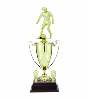 23-3/4 INCH MALE SOCCER PLAYER TROPHY WITH 13 INCH GOLD CUP, FIGURE, AND TRIMS