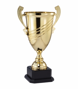 23 INCH GOLD ITALIAN MODERN TROPHY CUP ON BLACK WOOD BASE