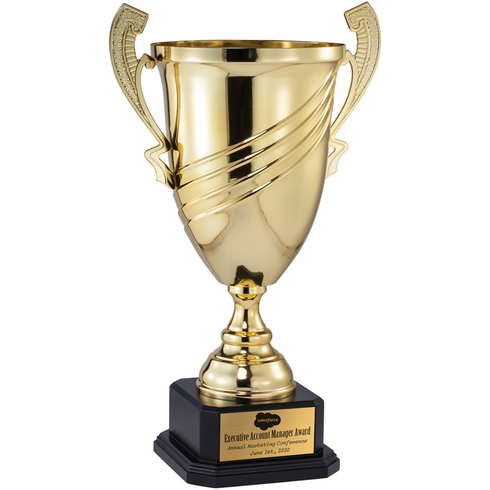 23 INCH GOLD ITALIAN MODERN TROPHY CUP ON BLACK WOOD BASE