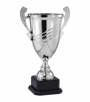 23 INCH SILVER ITALIAN MODERN TROPHY CUP ON BLACK WOOD BASE