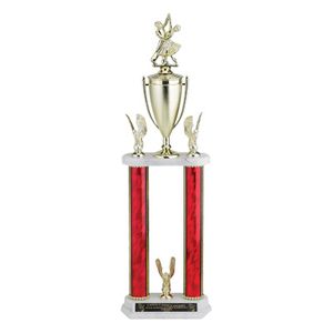 24-1/2, 25-1/2, 26-1/2 INCH SPLASH TWO COLUMN TROPHY WITH CUP, EAGLE TRIMS AND TAKES FIGURE
