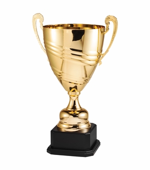 24-1/2 INCH GOLD ITALIAN ALL METAL TROPHY CUP ON BLACK EBONY WOOD BASE