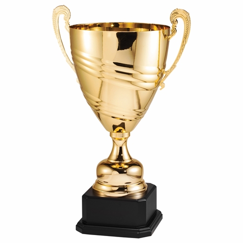 24-1/2 INCH GOLD ITALIAN ALL METAL TROPHY CUP ON BLACK EBONY WOOD BASE