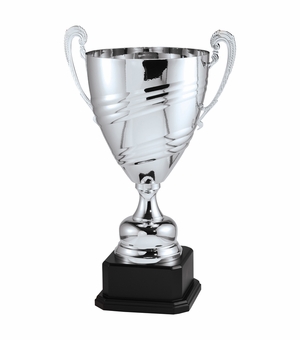 24-1/2 INCH SILVER ITALIAN ALL METAL TROPHY CUP ON BLACK EBONY WOOD BASE