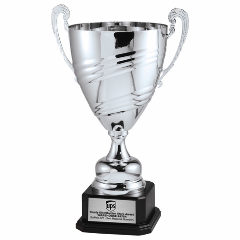 24-1/2 INCH SILVER ITALIAN ALL METAL TROPHY CUP ON BLACK EBONY WOOD BASE