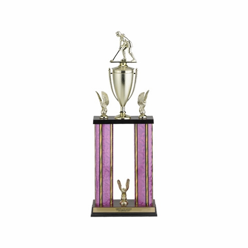 24, 25, 26 INCH TWO COLUMN MOONBEAM TROPHY WITH CUP, EAGLE TRIMS AND TAKES FIGURE