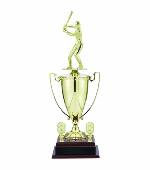 24-3/4 INCH FEMALE SOFTBALL PLAYER TROPHY WITH 13 INCH GOLD CUP, FIGURE, AND TRIMS