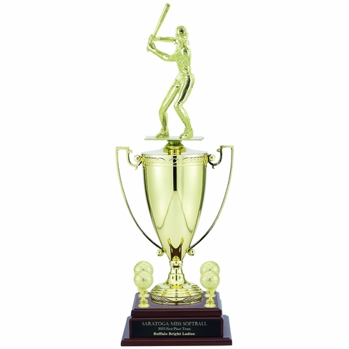 24-3/4 INCH FEMALE SOFTBALL PLAYER TROPHY WITH 13 INCH GOLD CUP, FIGURE, AND TRIMS
