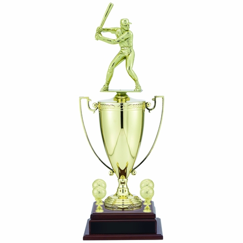 24-3/4 INCH MALE BASEBALL PLAYER TROPHY WITH 13 INCH GOLD CUP, FIGURE, AND TRIMS