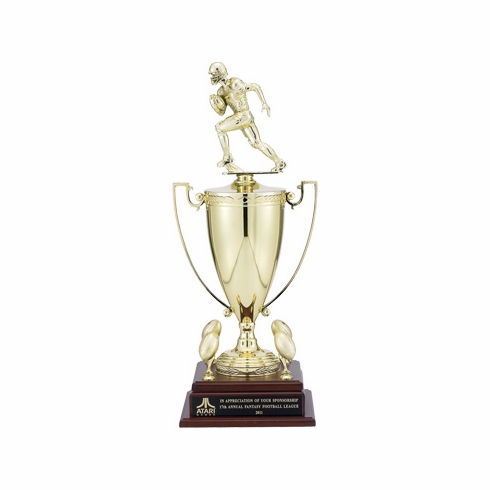 24 INCH MALE FOOTBALL PLAYER TROPHY WITH 13 INCH GOLD CUP, FIGURE, AND TRIMS