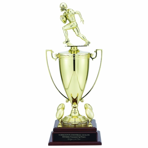 24 INCH MALE FOOTBALL PLAYER TROPHY WITH 13 INCH GOLD CUP, FIGURE, AND TRIMS