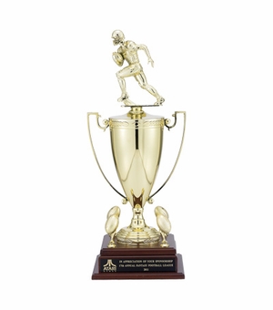 24 INCH MALE FOOTBALL PLAYER TROPHY WITH 13 INCH GOLD CUP, FIGURE, AND TRIMS