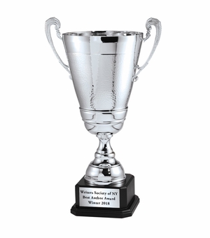 24 INCH TROPHY HEIGHT WITH  LARGE ITALIAN SILVER TROPHY CUP ON A BLACK WOOD BASE