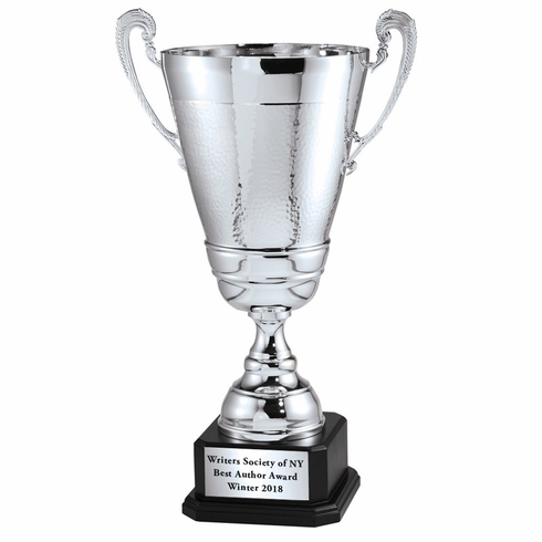 24 INCH TROPHY HEIGHT WITH  LARGE ITALIAN SILVER TROPHY CUP ON A BLACK WOOD BASE