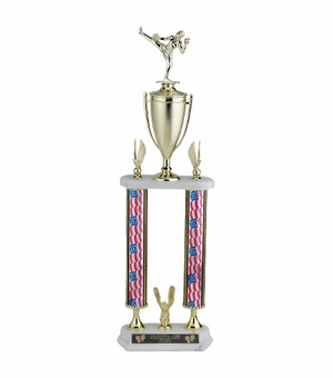 25-1/2, 26-1/2, 27-1/2 INCH TWO COLUMN STARS AND STRIPES TROPHY WITH CUP, EAGLE TRIMS AND TAKES FIGURE
