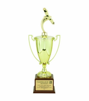 25-1/2 INCH TROPHY WITH 13 INCH GOLD CUP ON WALNUT BASE