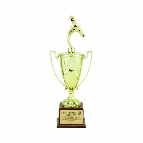 25-1/2 INCH TROPHY WITH 13 INCH GOLD CUP ON WALNUT BASE