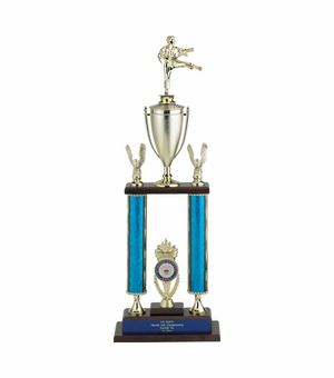 25, 26, 27 INCH TWO COLUMN MOONBEAM TROPHY WITH CUP, EAGLE TRIMS, HOLDS 2 INCH INSERT AND TAKES FIGURE