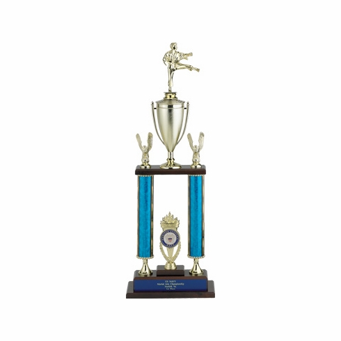 25, 26, 27 INCH TWO COLUMN MOONBEAM TROPHY WITH CUP, EAGLE TRIMS, HOLDS 2 INCH INSERT AND TAKES FIGURE