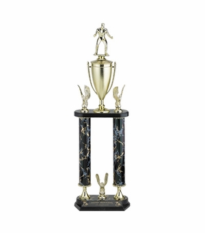 25, 26, 27 INCH TWO COLUMN TROPHY WITH CUP AND EAGLE TRIMS