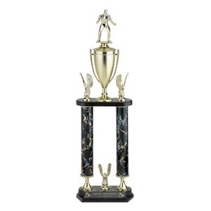 25, 26, 27 INCH TWO COLUMN TROPHY WITH CUP AND EAGLE TRIMS