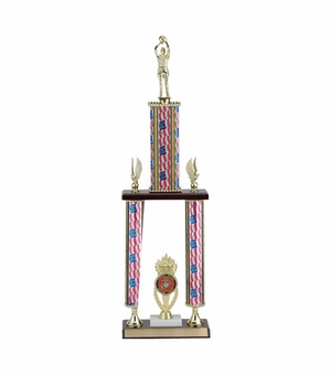 25, 27, 29 INCH THREE COLUMN STARS AND STRIPES TROPHY WITH CUP, EAGLE TRIMS, 2 INCH INSERT AND TAKES FIGURE