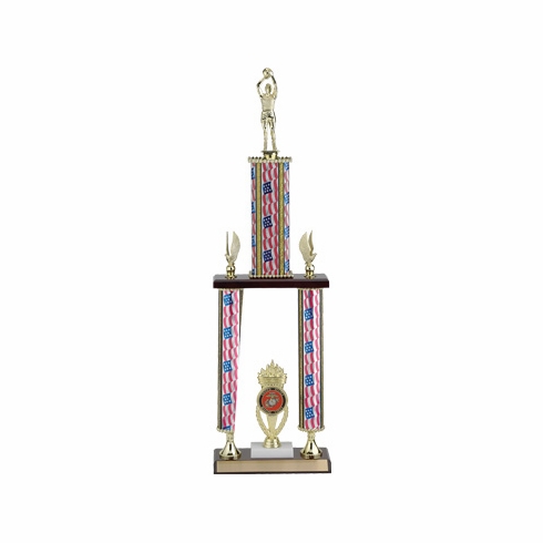 25, 27, 29 INCH THREE COLUMN STARS AND STRIPES TROPHY WITH CUP, EAGLE TRIMS, 2 INCH INSERT AND TAKES FIGURE