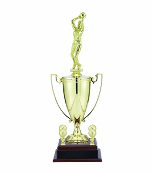 25-3/4 INCH FEMALE BASKETBALL PLAYER WITH 13 INCH GOLD CUP, FIGURE, AND TRIMS