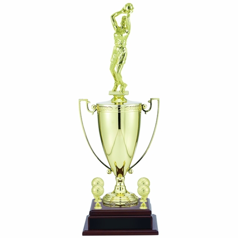 25-3/4 INCH FEMALE BASKETBALL PLAYER WITH 13 INCH GOLD CUP, FIGURE, AND TRIMS