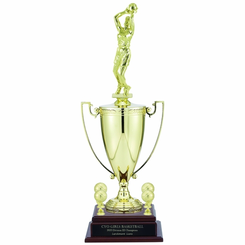 25-3/4 INCH FEMALE BASKETBALL PLAYER WITH 13 INCH GOLD CUP, FIGURE, AND TRIMS