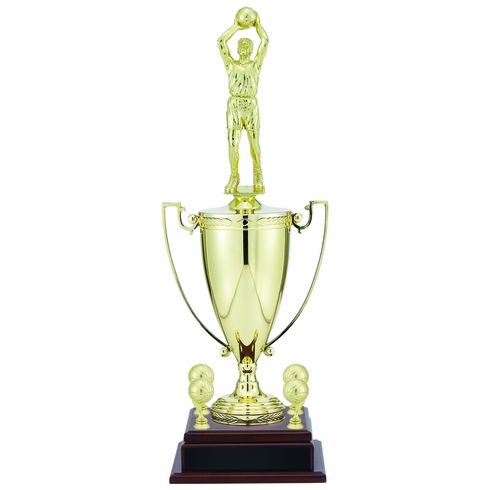 25-3/4 INCH MALE BASKETBALL PLAYER WITH 13 INCH GOLD CUP, FIGURE, AND TRIMS